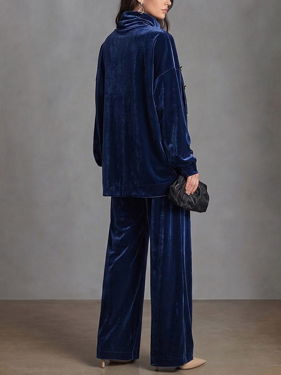Navy Blue Velvet Asymmetrical Button-up Two-piece Set