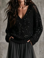 Chic Burgundy Sequin Open-Knit V-Neck Sweater