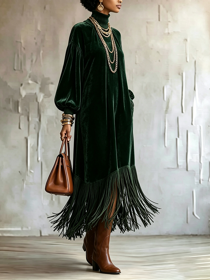 Elegant Velvet Turtleneck Fringe Hem Long Sleeve Dress