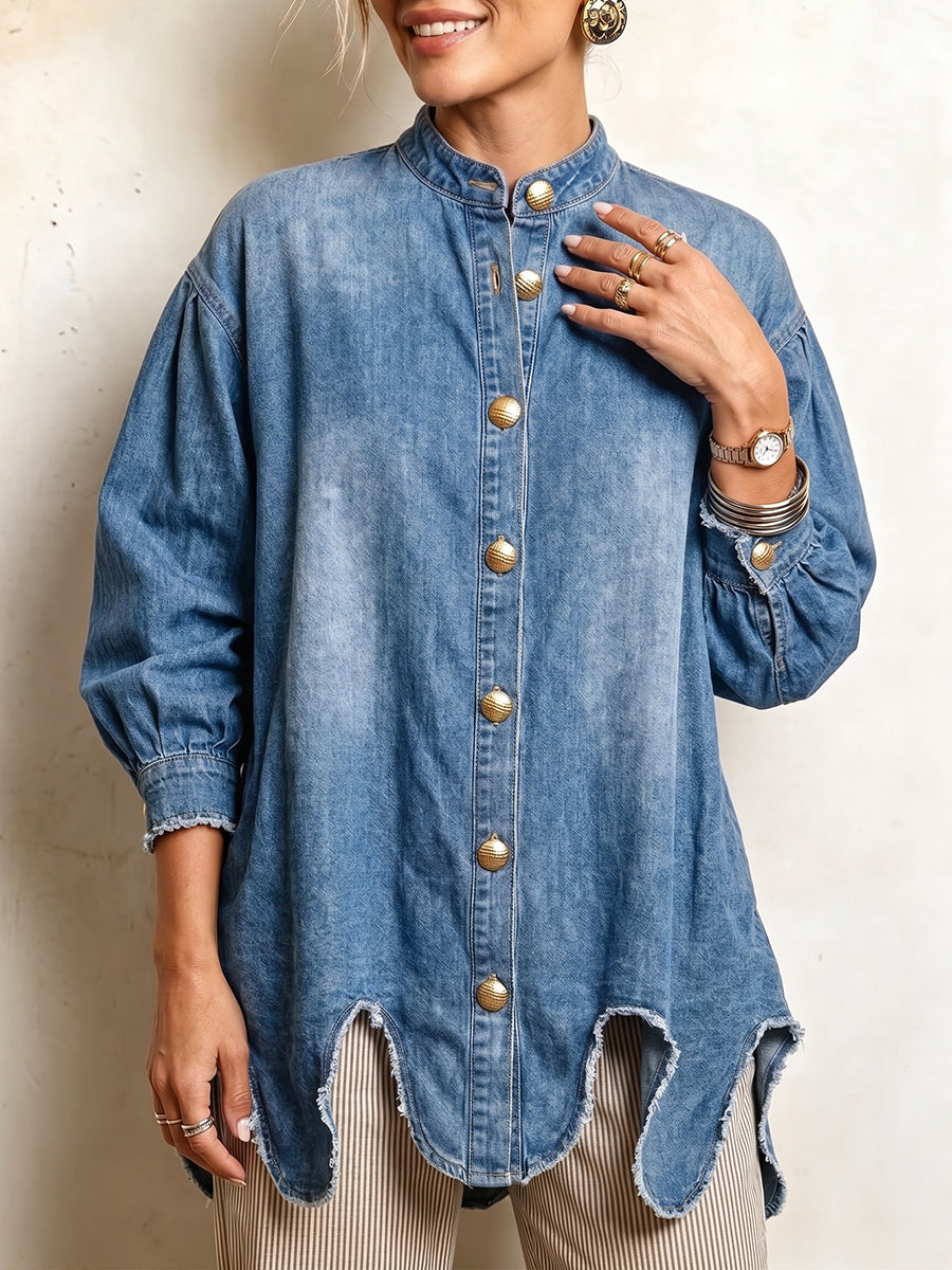 Chic Stand-Collar Button-Down Denim Tunic