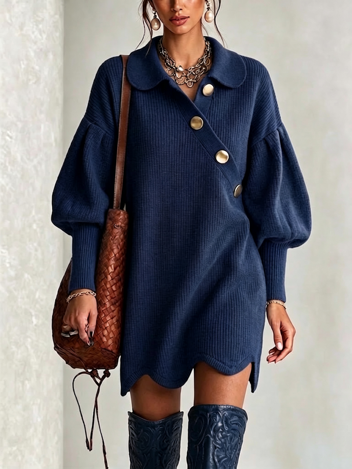 Knit Dress With A Peter Pan Collar, Diagonal Button Placket, Large Buttons, And Lantern Sleeves