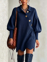 Knit Dress With A Peter Pan Collar, Diagonal Button Placket, Large Buttons, And Lantern Sleeves