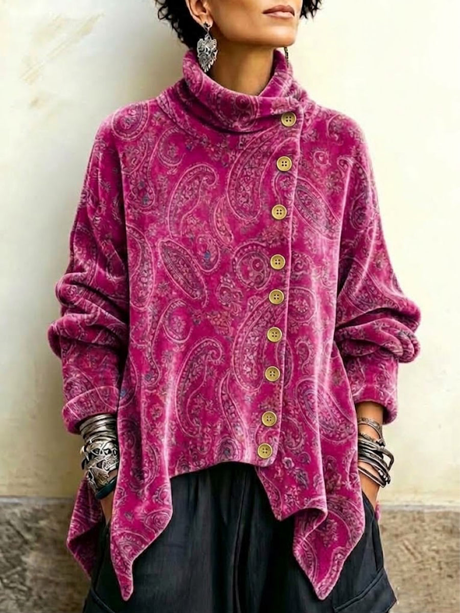 Velvet High-neck Top Featuring A Vintage Paisley Print And An Asymmetrical Button-front Design