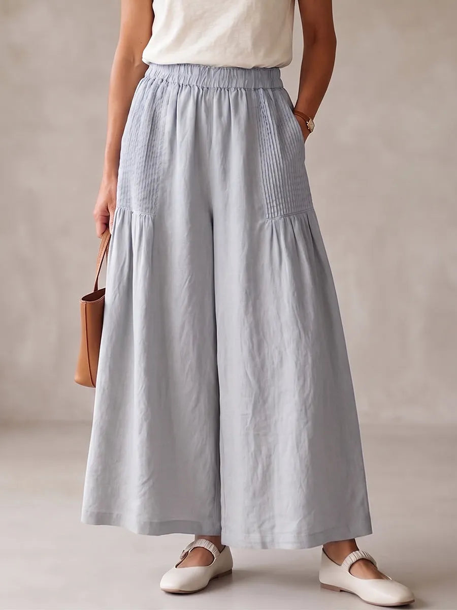 Damen-Hose im Vintage-Stil, plissiert, aus Baumwoll-Leinen, mit weitem Bein