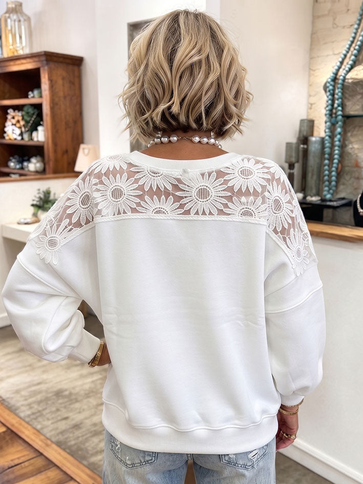 Schickes, elegantes Herbst-Winter-Casual-Sweatshirt mit Gänseblümchen-Spitze in Weiß