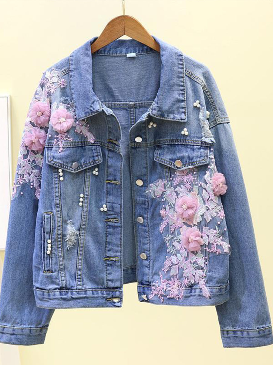 Romantic 3D Floral Applique Pearl Denim Jacket