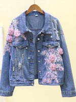 Romantic 3D Floral Applique Pearl Denim Jacket