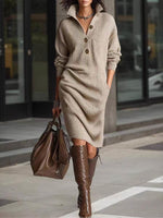 Women's Solid Color Stand Collar Long Sleeve Casual Loose Knit Dress