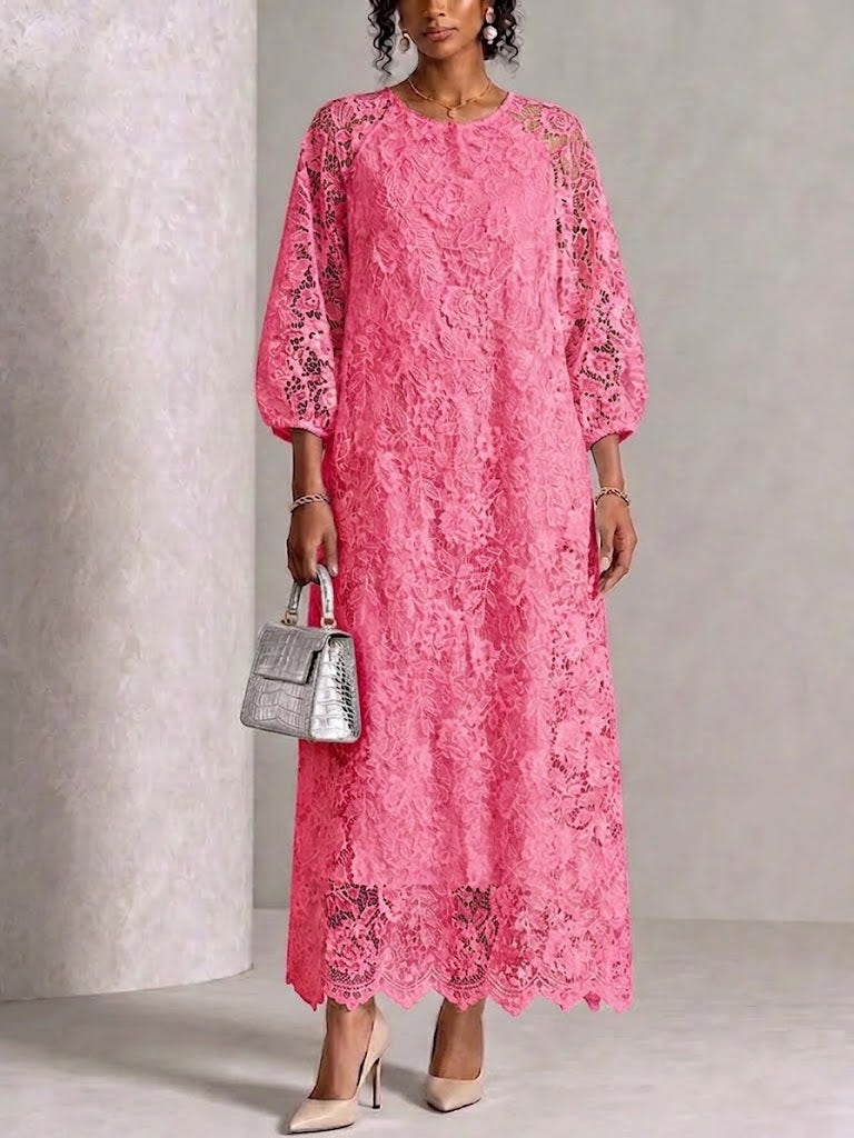 Round‑neck Raglan Lantern‑sleeve Lace Maxi Dress