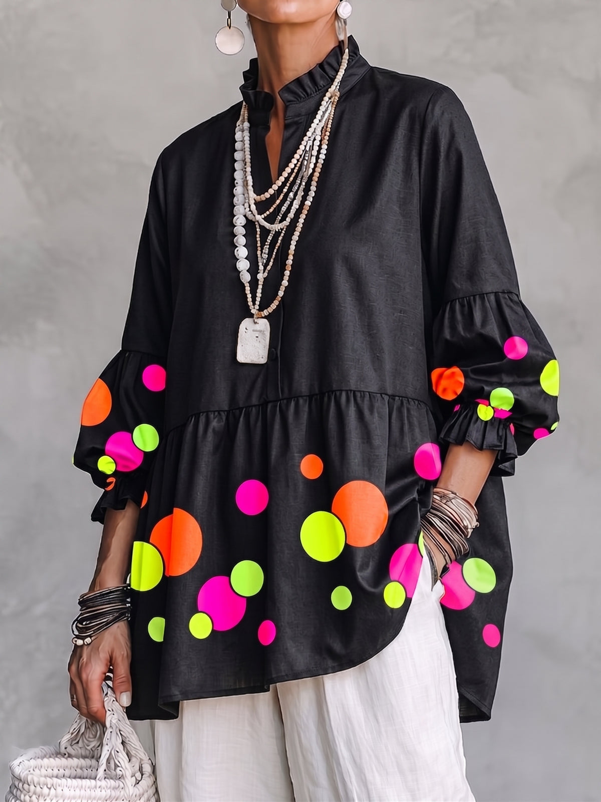 Artistic Neon Polka-Dot Linen Peplum Tunic