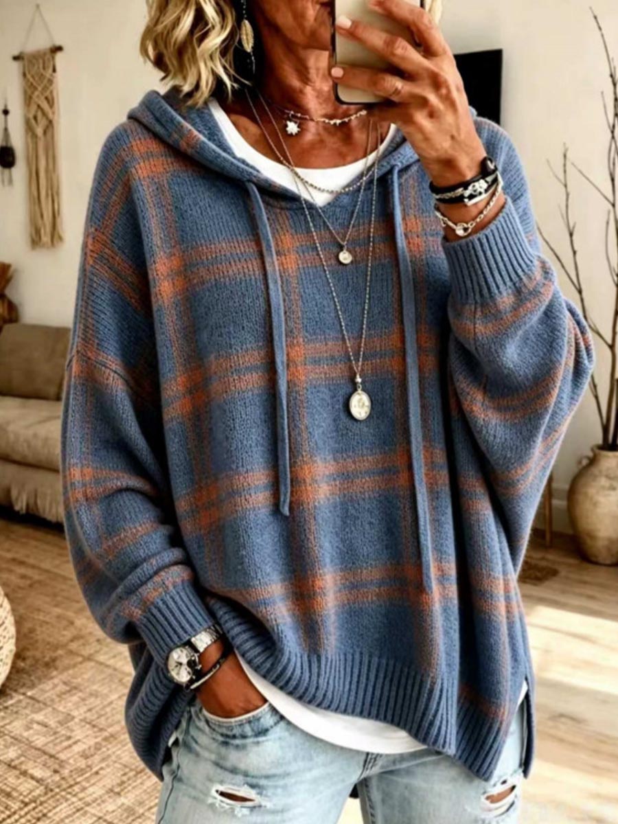 Maglione da donna casual a quadri con cappuccio e maniche lunghe in maglia