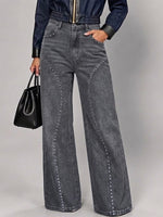 Curved Rhinestone High Waist Wide Leg Jeans