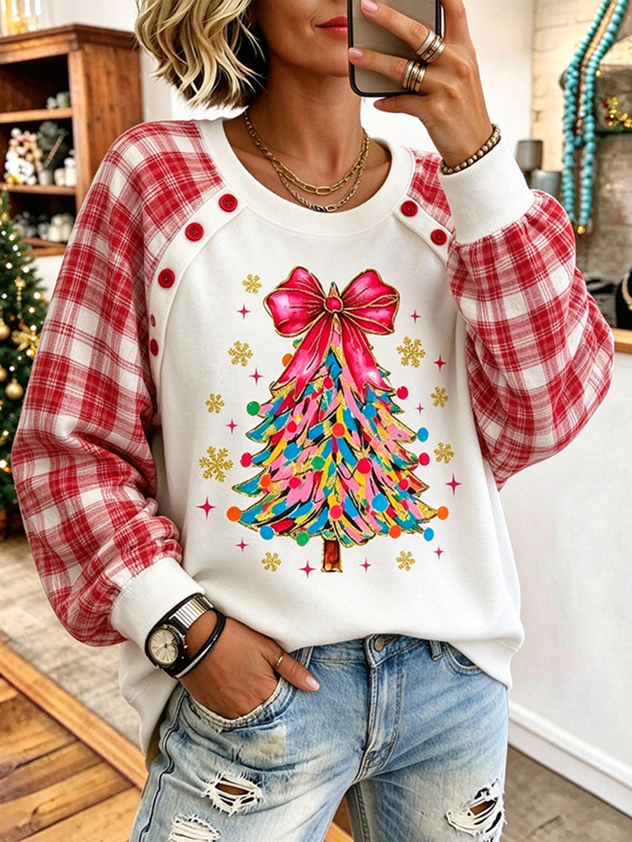 Sudadera con patchwork a cuadros de árbol de Navidad