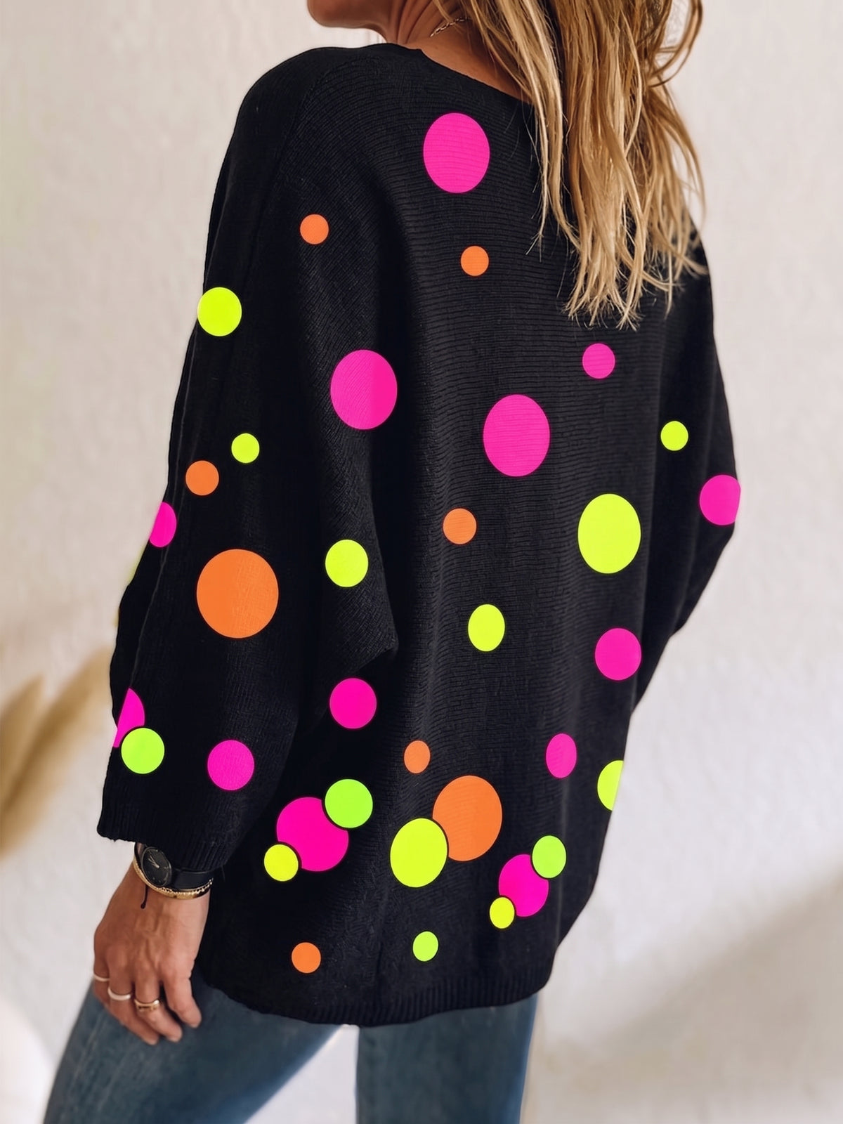 Playful Neon Polka Dot Oversized Knit Pullover