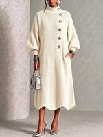 Mock Neck Diagonal Metal Button Lantern Sleeve Knit Midi Dress
