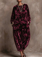 Set da donna in due pezzi in velluto goffrato floreale bordeaux vintage