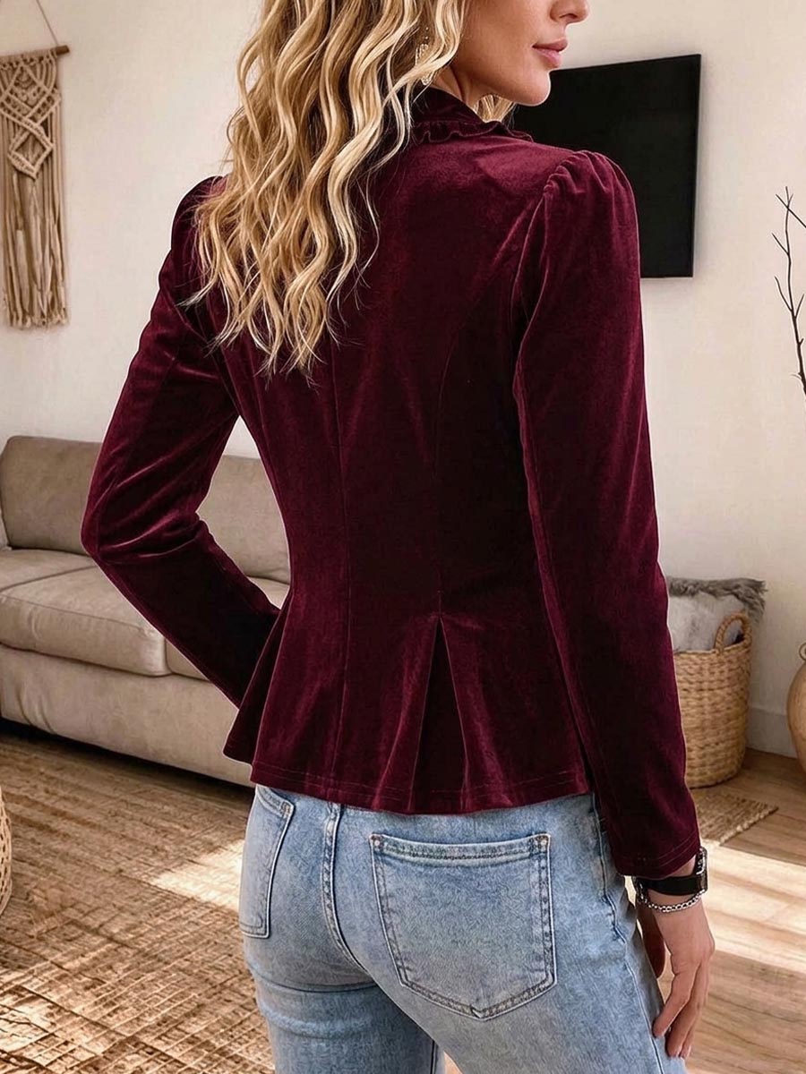 Virina Eleganta Burgonja Velura Peplum Blazer Kun Volanta Kolumo
