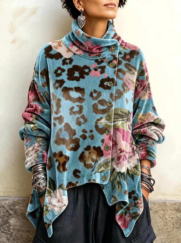 Vintage-style Bohemian Floral And Leopard Print Velvet Top