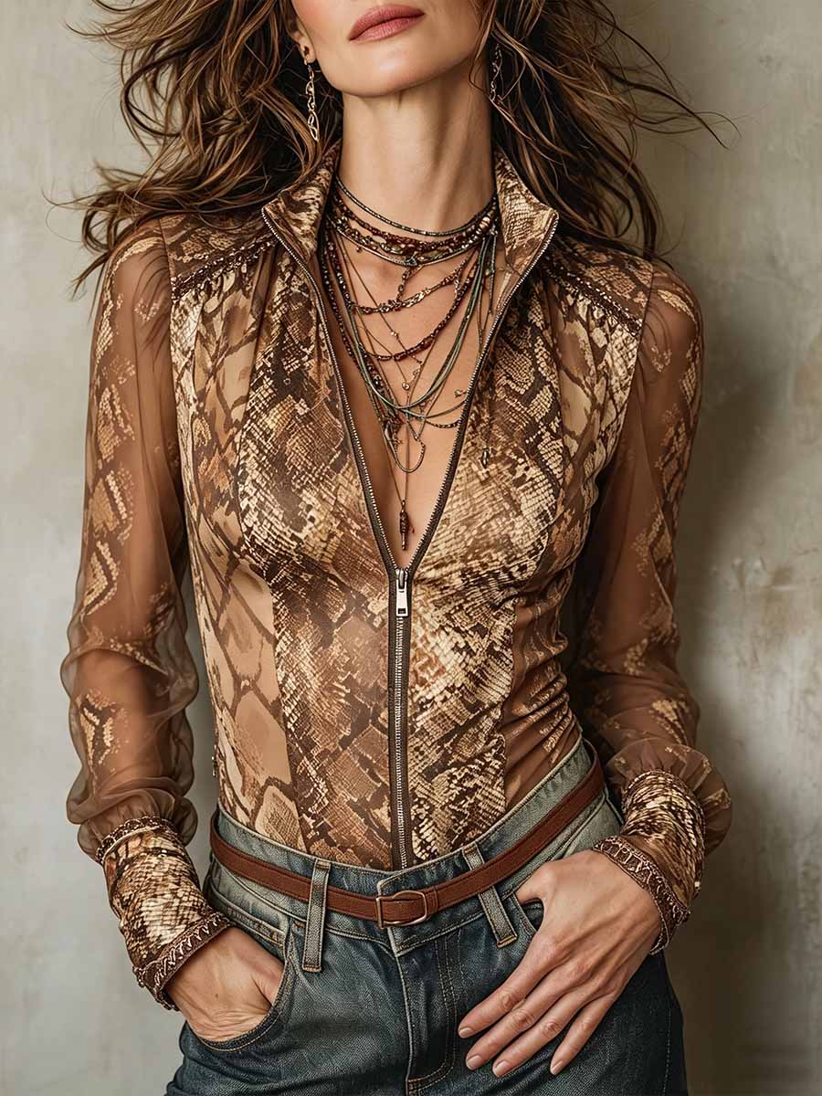 Women's Retro Print Stand Collar Long Sleeve Casual Loose Stretch Mesh Patchwork Cardigan