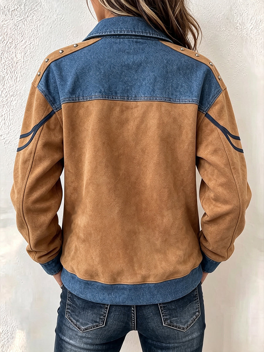 Western-Inspired Denim & Faux-Suede Half-Zip Pullover
