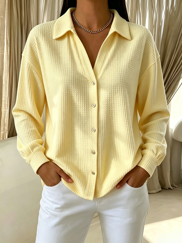 Chic Cozy Yellow Waffle-knit Button-up Shirt