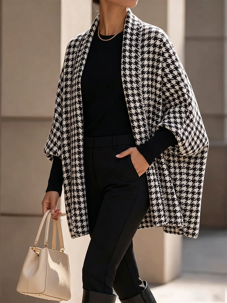 Classic Houndstooth Draped Cape Coat