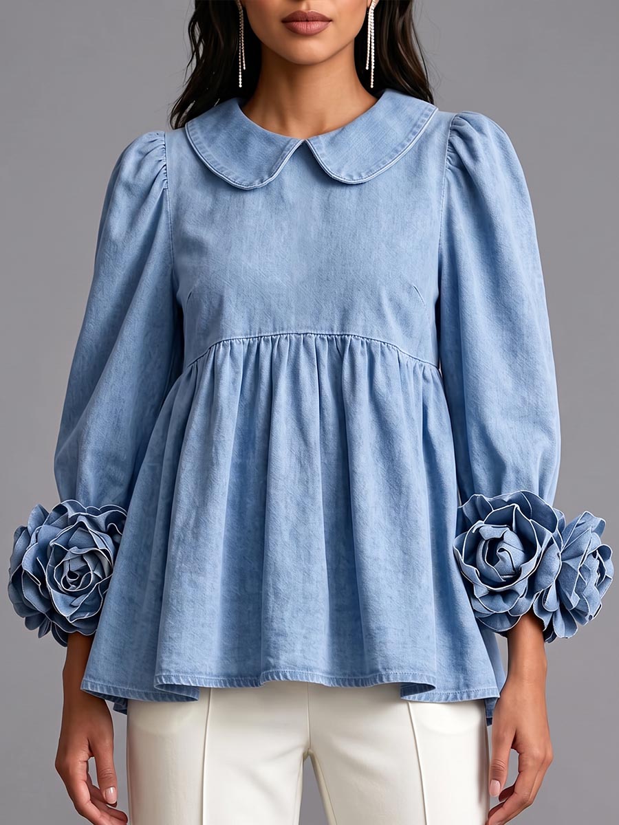 Women's Peter Pan Collar 3d Floral Long-sleeved Casual Loose A-line Denim Top
