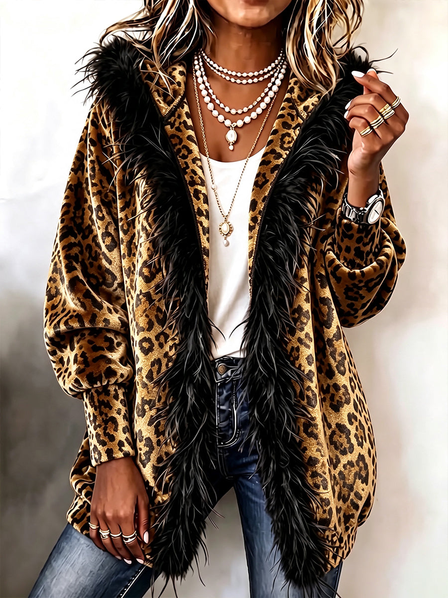 Cozy Feather Trim Leopard Velvet Cardigan