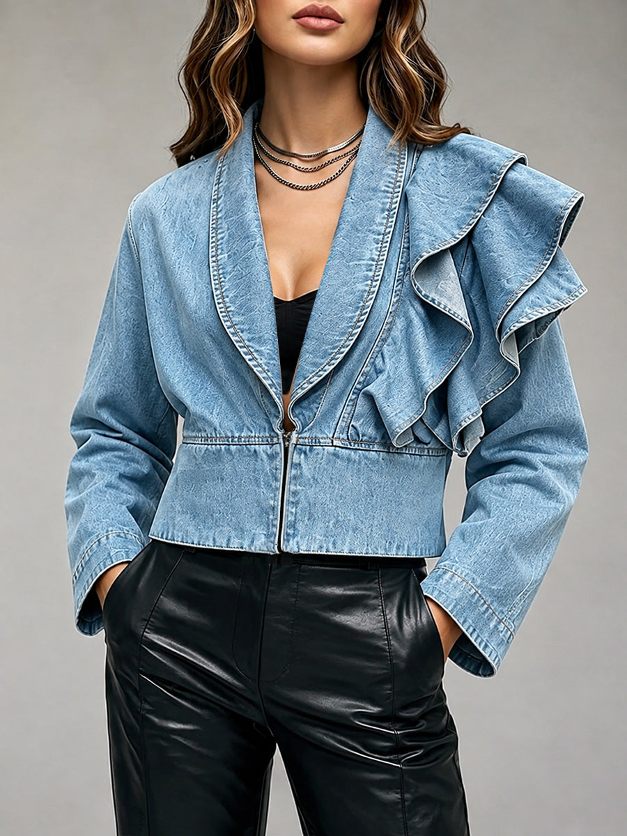 Casual Ruffled Cropped Denim Jacket