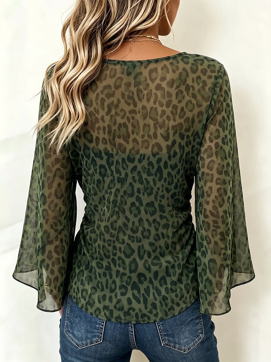Fierce Leopard Print Ring-Accented V-Neck Top