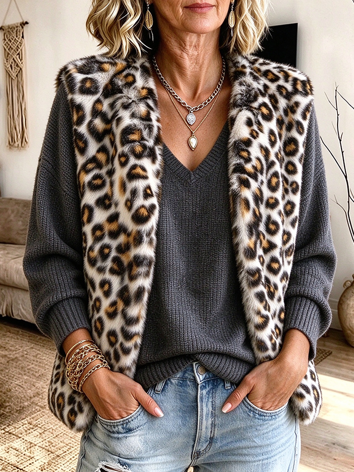 Gilet in peluche leopardato casual ed elegante in grassetto leopardato
