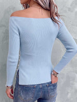 Women's Solid-color Off-shoulder Long-sleeve Loose Knit Top With Beading