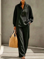 Casual, Minimalist Linen-cotton Shirt And Trousers Two-piece Setcasual, Minimalist Linen-cotton Shirt And Trousers Two-piece Set