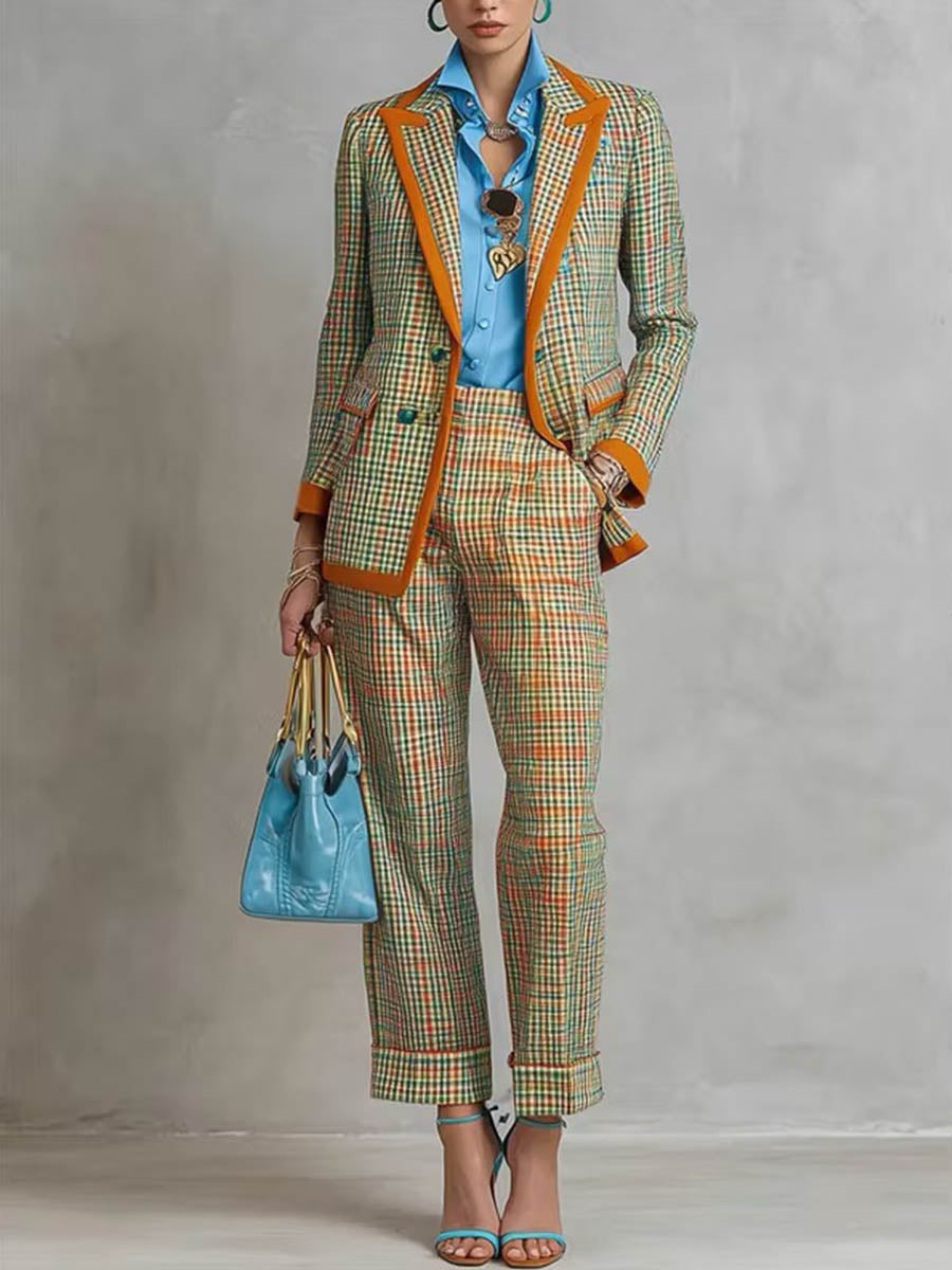 Conjunto de traje de dos piezas a cuadros vintage para mujer con ribete en contraste