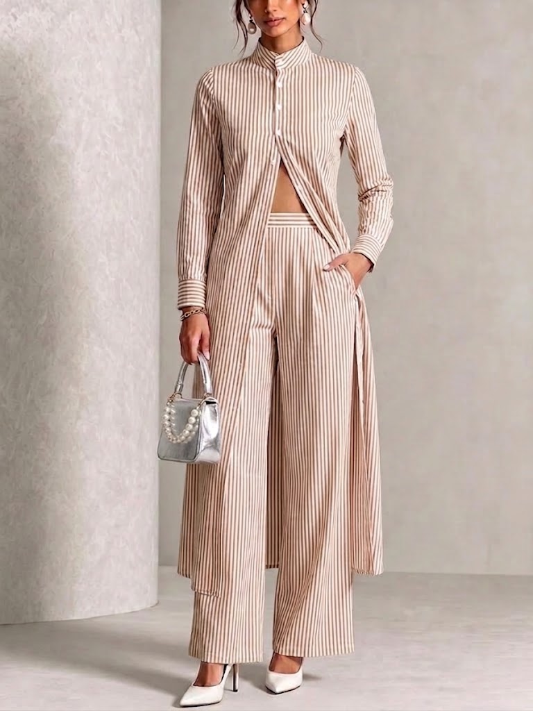 Vertical-striped Stand-collar Shirt And Wide-leg Trousers Two-piece Set
