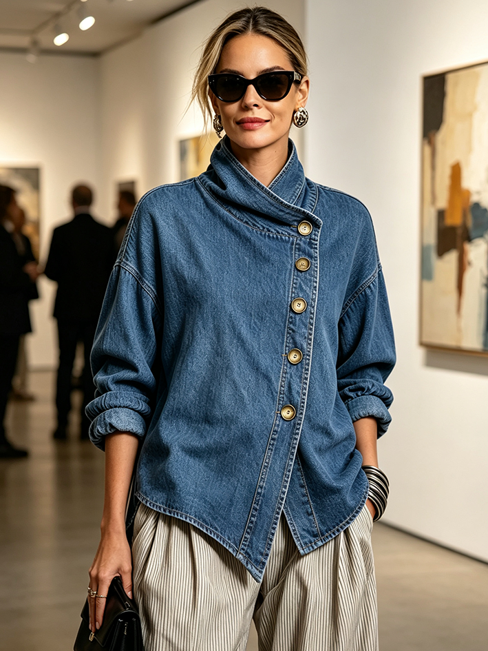 Ŝika Oversized Malsimetria Denim Ĉemizo