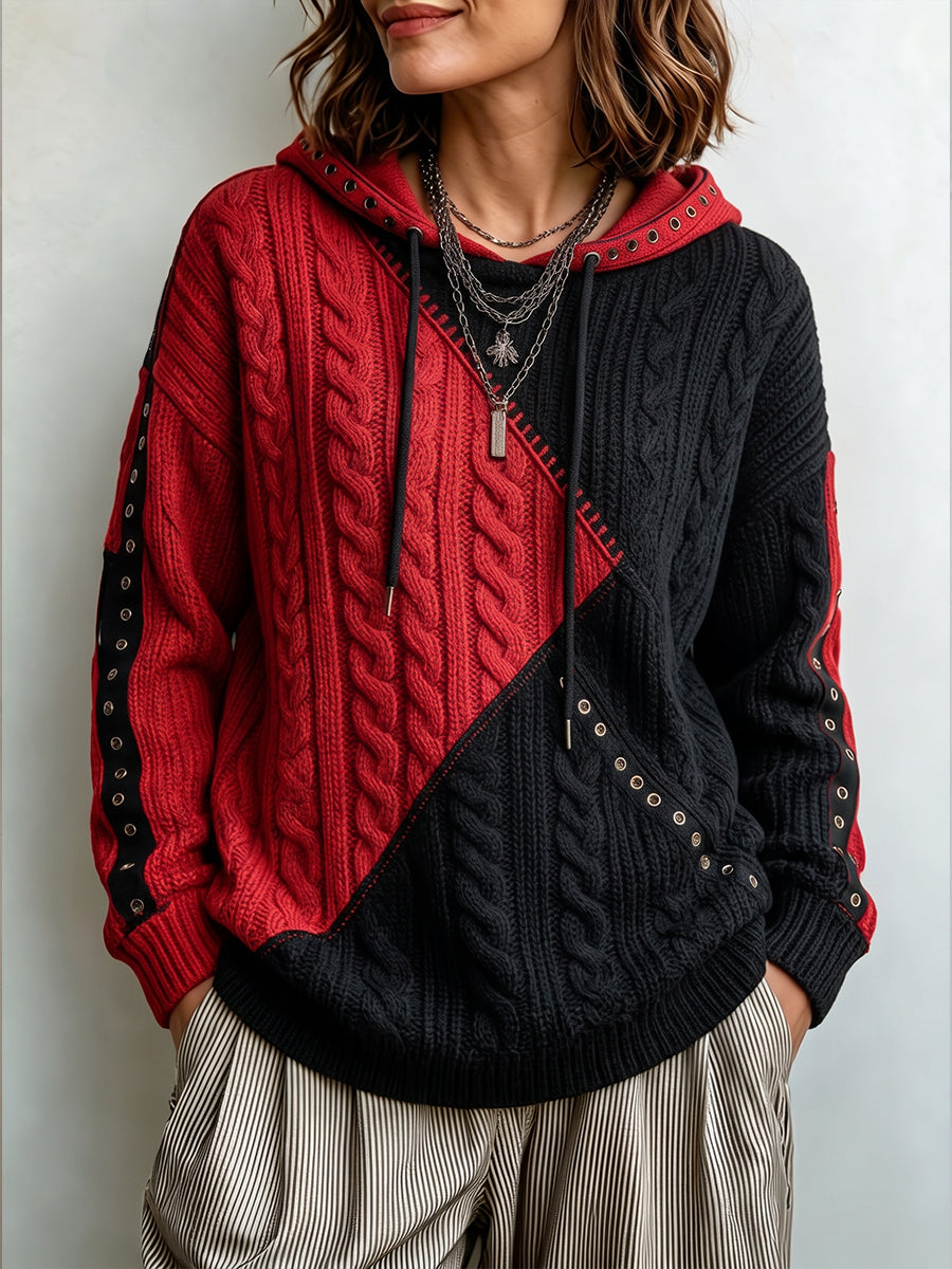 Sudadera con capucha de punto trenzado con bloques de color atrevido
