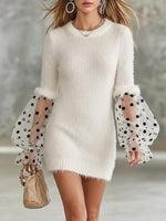 Cozy Mixed-media Polka-dot Mesh Knit Mini Dress