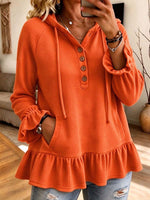 Felpa con cappuccio da donna in maglia waffle con cappuccio e bottoni Henley con orlo arricciato e tasche