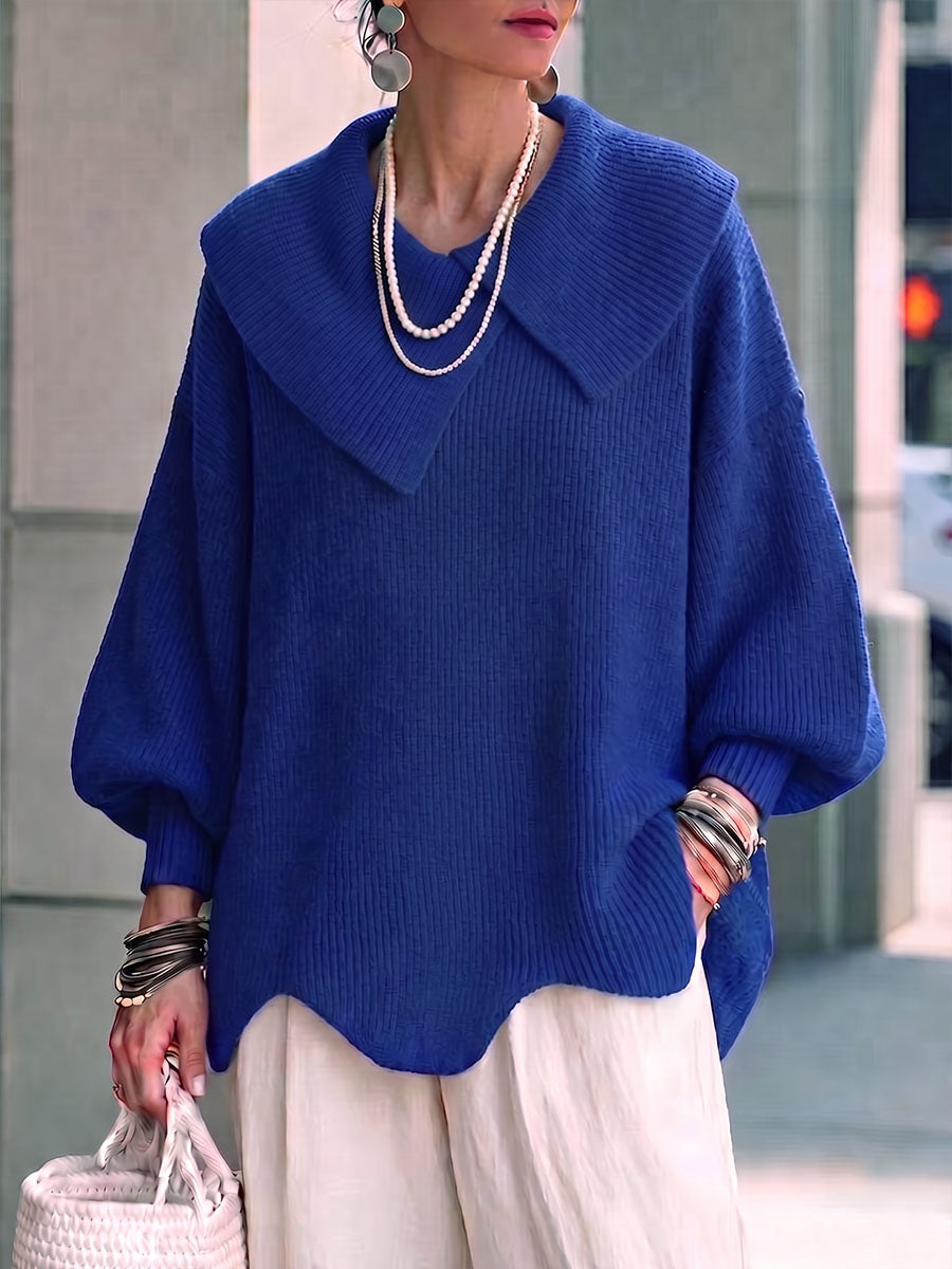 Women's Solid Color Collared Long-sleeved Casual Loose Wavy Edge Knit Pullover