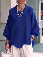 Women's Solid Color Collared Long-sleeved Casual Loose Wavy Edge Knit Pullover