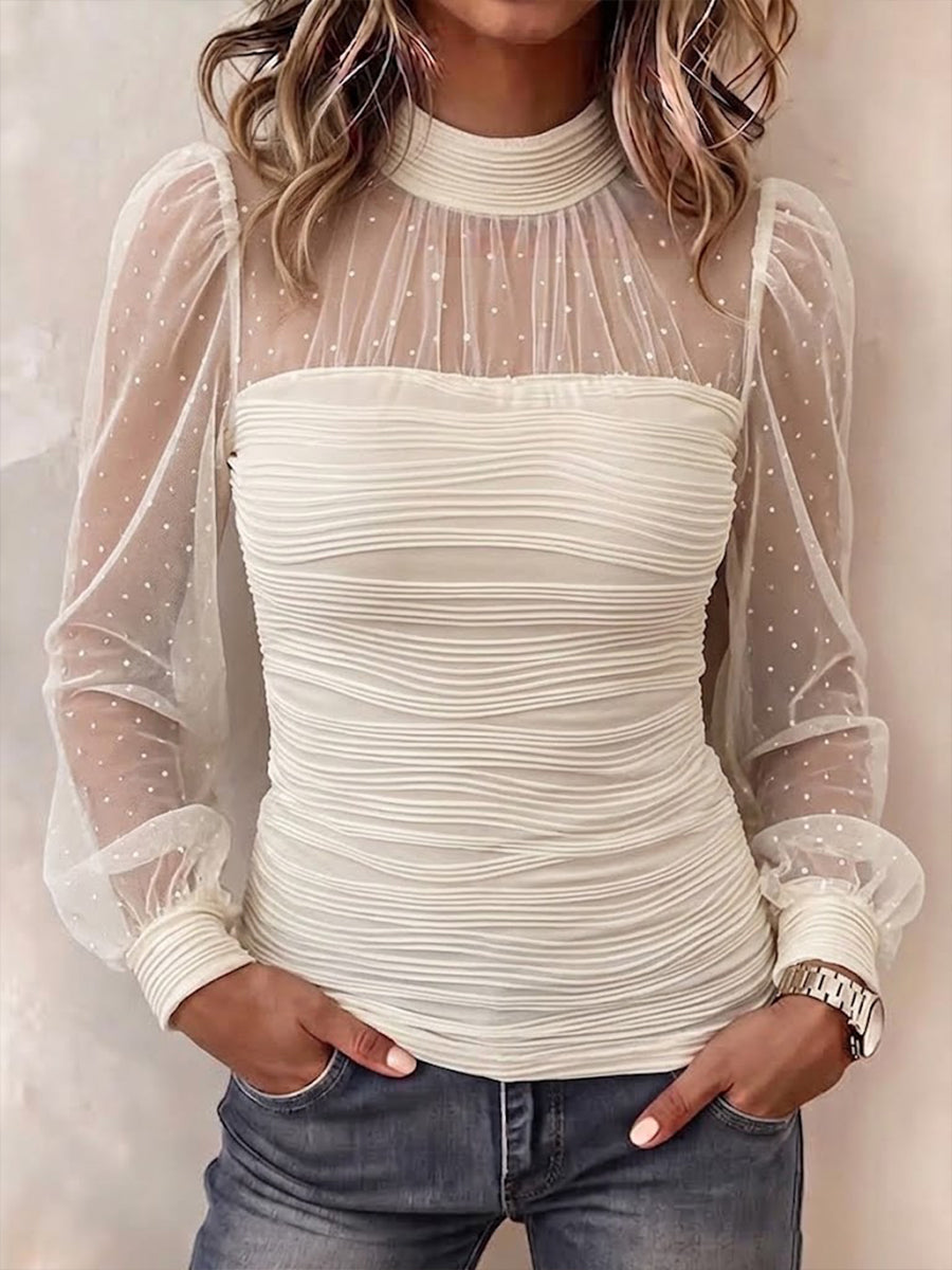 Ŝika Sheer Glitter Mesh Altkolo Long-manika Supro