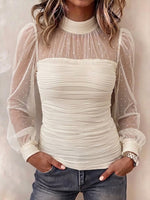 Ŝika Sheer Glitter Mesh Altkolo Long-manika Supro
