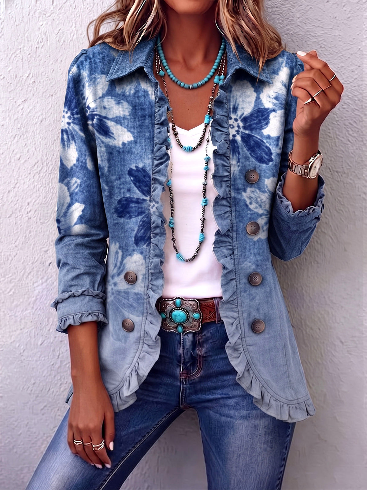 Boho-chic Vintage-inspired Floral Ruffle Jacket