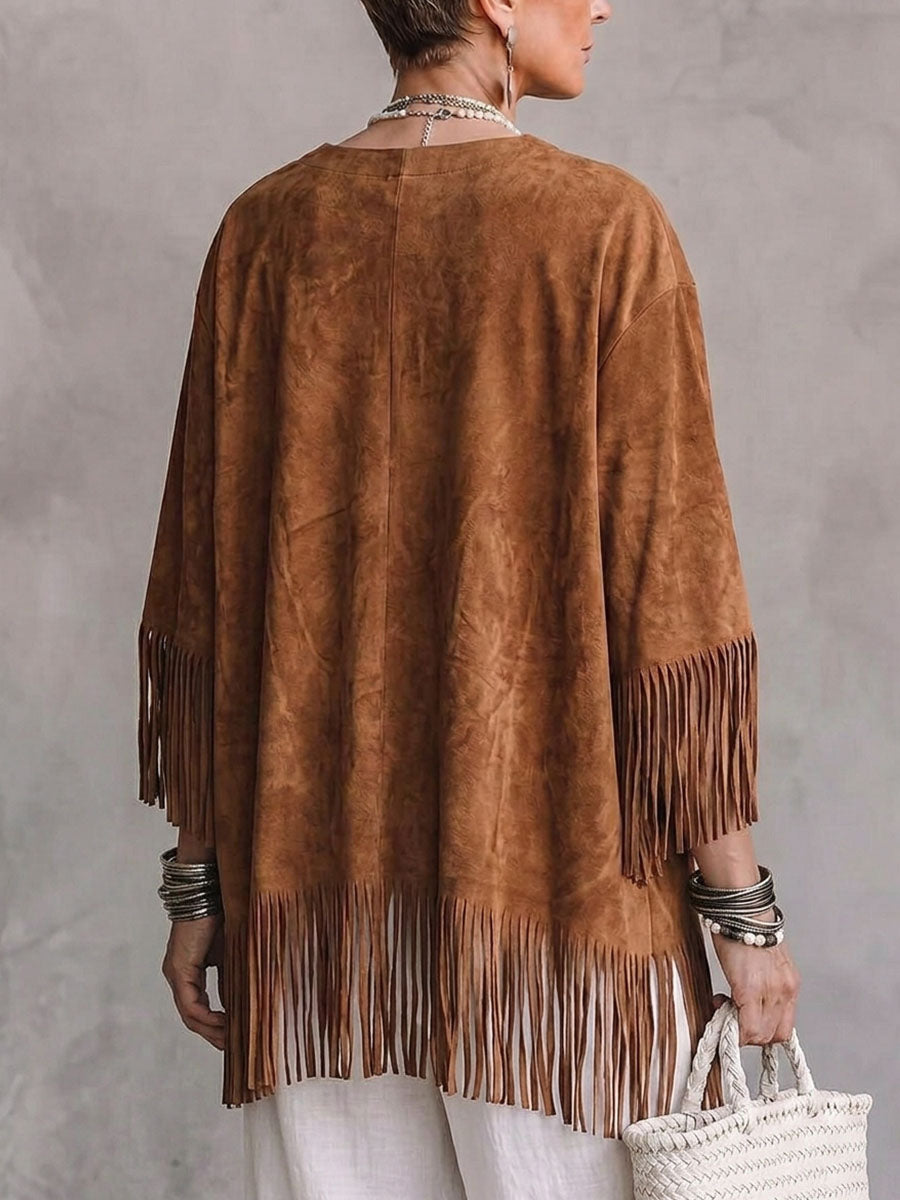 Women's Solid Color V-neck 3/4 Sleeve Casual Loose Faux Suede Tassel Cape Top