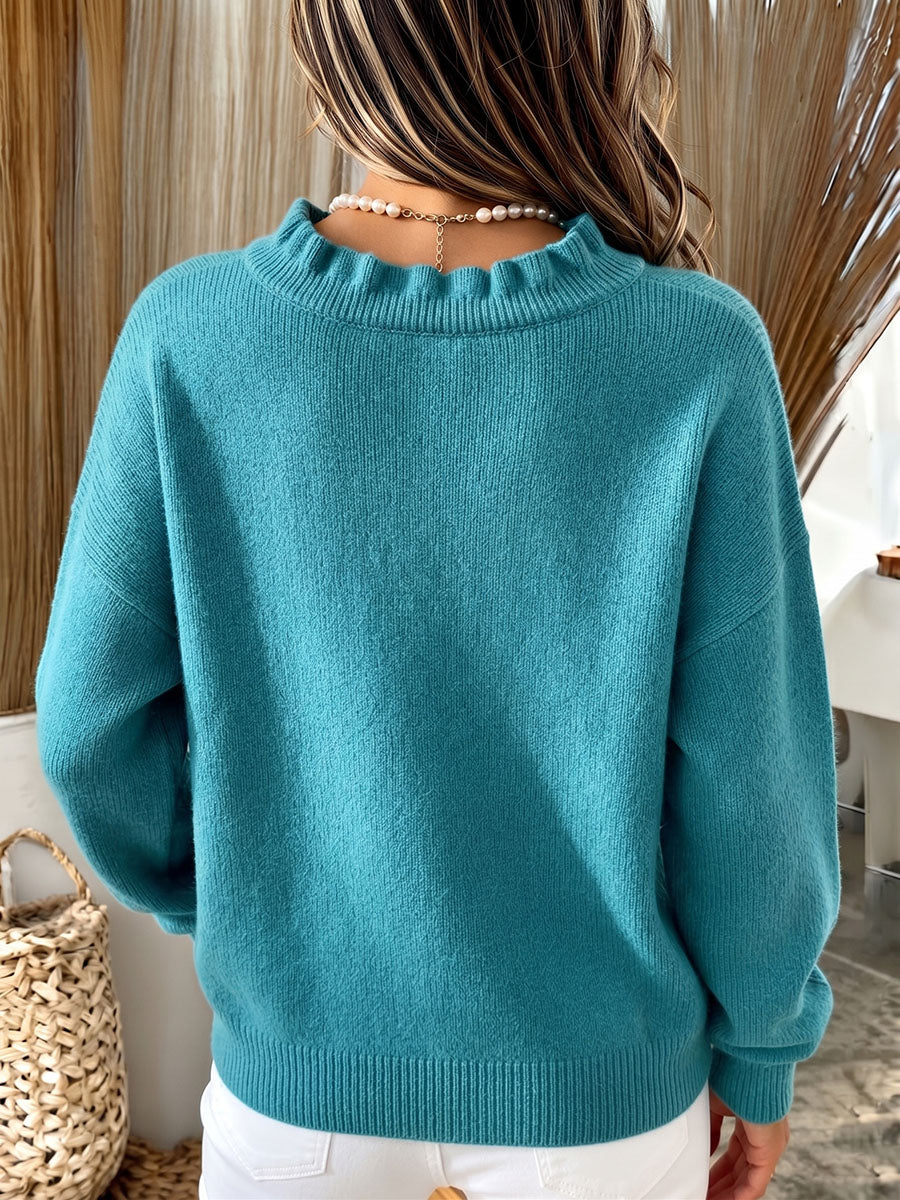Cozy Chic Teal Ruffled V-neck Sweater