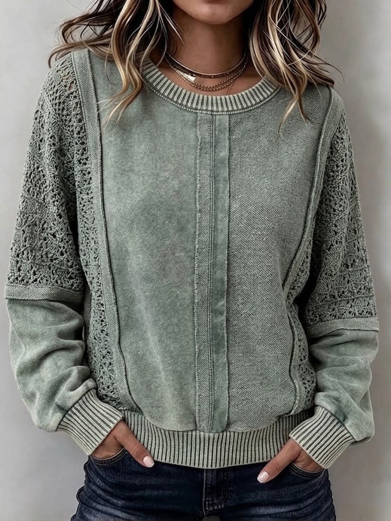 Felpa casual in misto cotone lavato con pannelli in pizzo