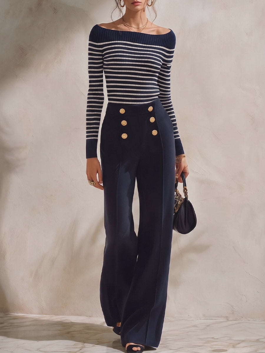 Women's 2-piece Set: Boat-neck Long-sleeve Loose Color-block Striped Knit Top & High-waisted Solid-color Wide-leg Pants With Metal Buckle Detail