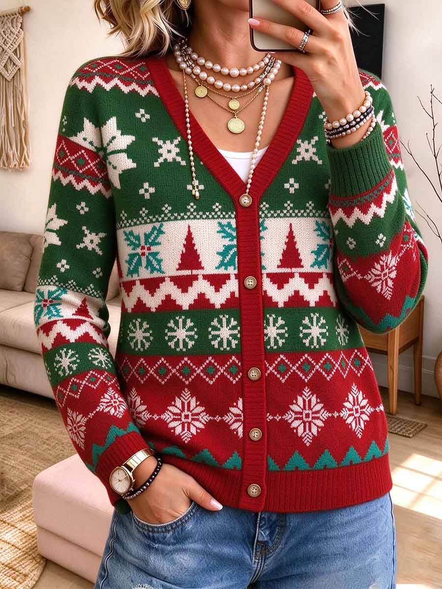 Women's Fair Isle Kristnaska Cardigan V-Kolo Buton Down Feria Trikita Svetero