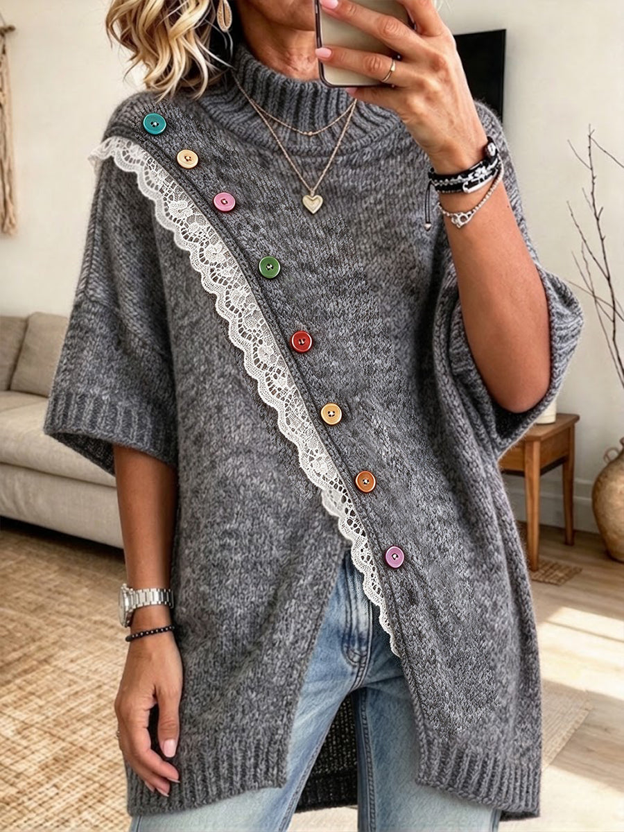 Top chic in maglia lunga con finiture in pizzo e dettagli multibottone (multicolore)